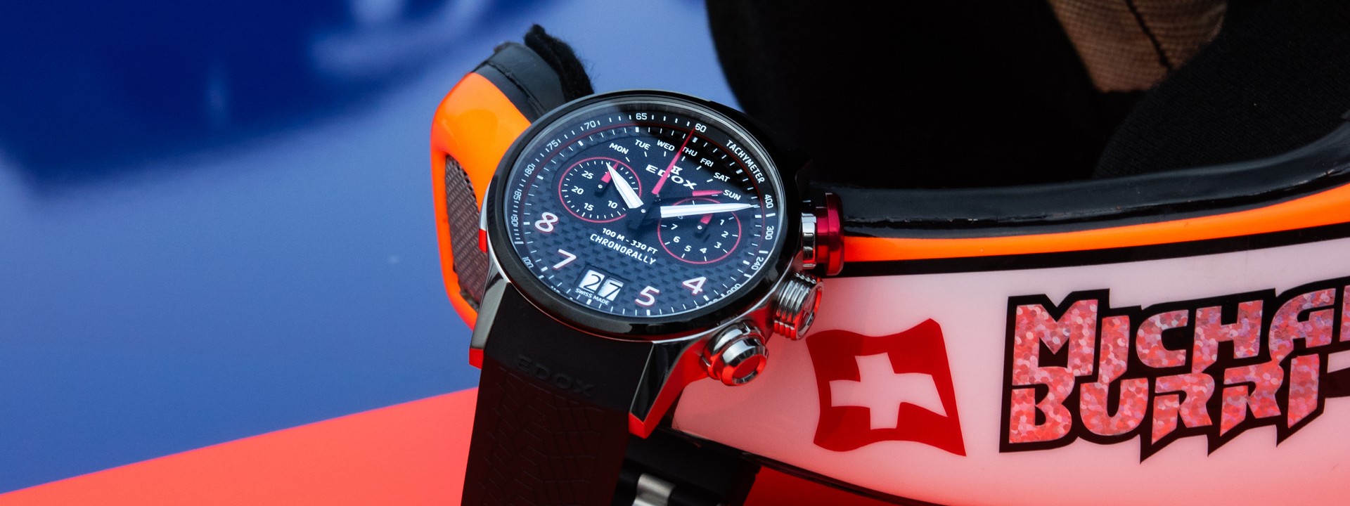 Edox Chronorally Swiss chronograph watch, black and carbon and red dial, black rubber strap, sports watch, motorsport, rally